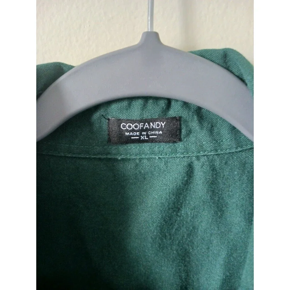 Coofandy Mens Linen Blend Green‎ Button Down Shirt Short Sleeve Size XL